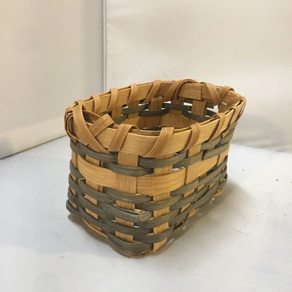 Woven Wood Basket Small Tan Green Two Tone Rectangular Organizer Cottagecore